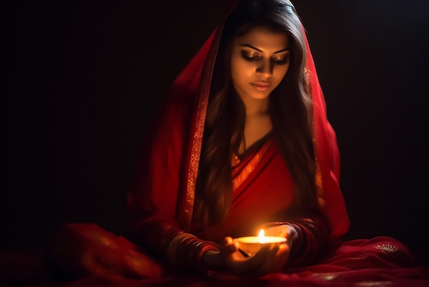 Mujer india celebrando el festival Diwali con velas