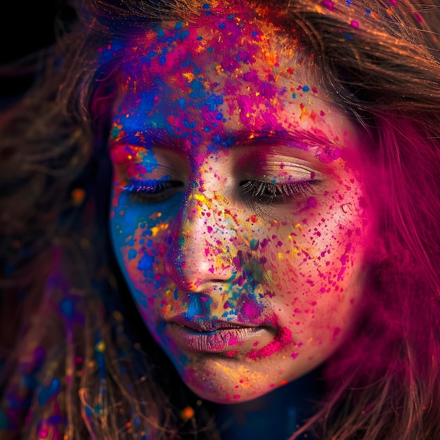 Mujer india celebrando el festival de Holi con polvo de colores de Holi