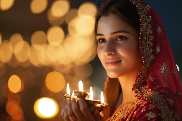 Mujer india celebrando karva chauth y mirando a su marido