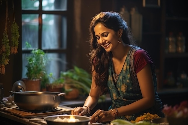 Mujer india cocinando en la cocina en casa ella está usando saree