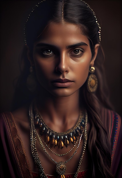 Una mujer india con collar y aretes