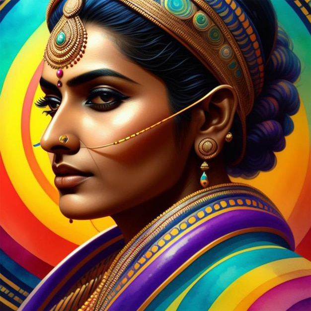 Mujer india con colorido fondo trippy y ilustración
