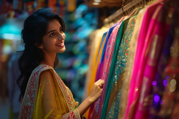 Una mujer india comprando en la tienda de ropa india con fondo de estilo bokeh.