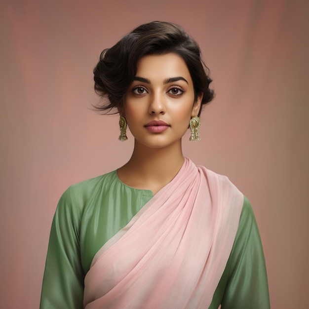 Una mujer india elegante y hermosa hiperrealista con un salwar de lino rosa claro y cabello corto