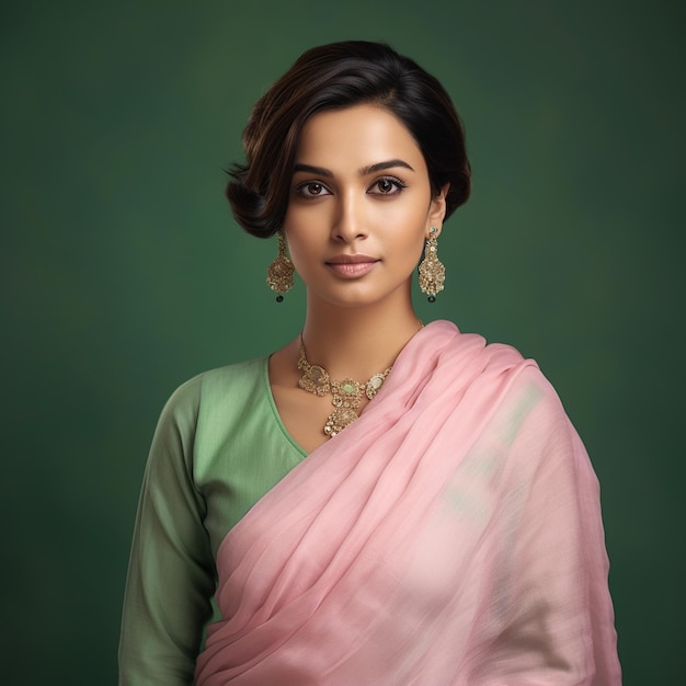 Una mujer india elegante y hermosa hiperrealista con un salwar de lino rosa claro y cabello corto