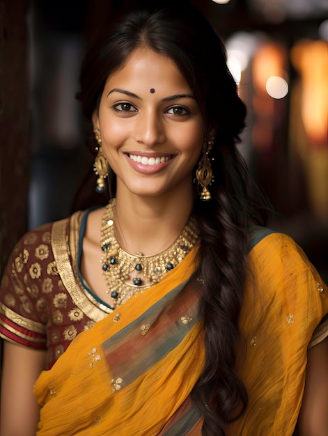 Mujer india elegante en sari y joyas posando sobre un fondo aislado generado por IA