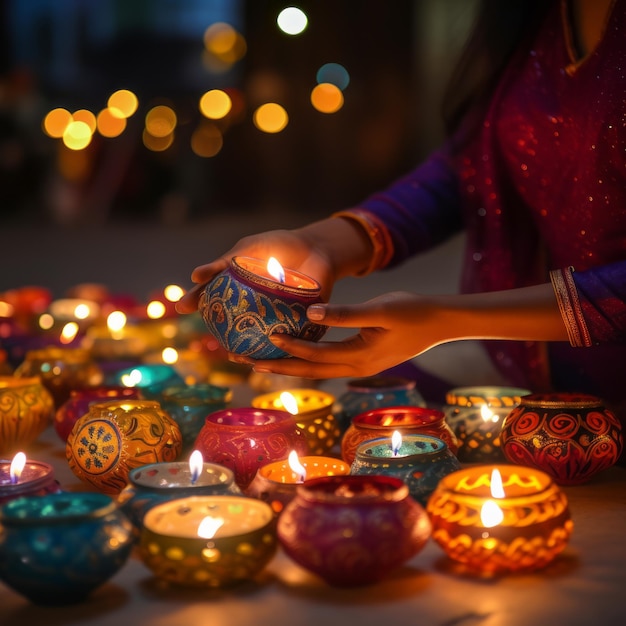 Foto mujer india encendiendo velas durante el festival de diwali enfoque selectivo