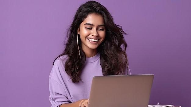 Una mujer india feliz con una computadora portátil trabajando o estudiando en línea en un fondo lila Generative Ai
