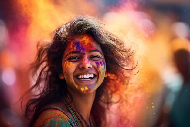 mujer india feliz con polvo de Holi en su cara en el festival de Holi fondo de estilo bokeh