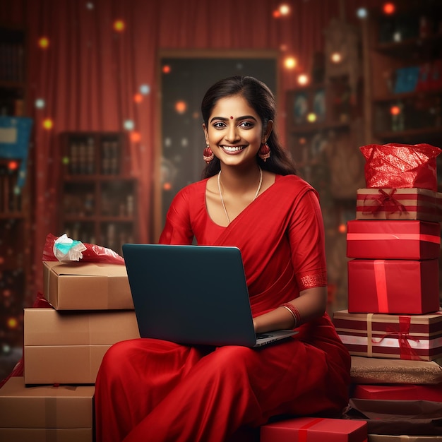 Mujer india feliz con sari rojo que está empacando cajas en ventas en línea concepto de trabajo en línea