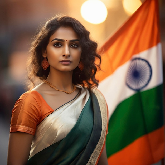 Mujer india generada por inteligencia artificial en sari tradicional con bandera nacional