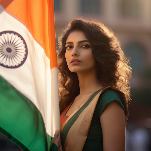 Mujer india generada por inteligencia artificial en sari tradicional con bandera nacional