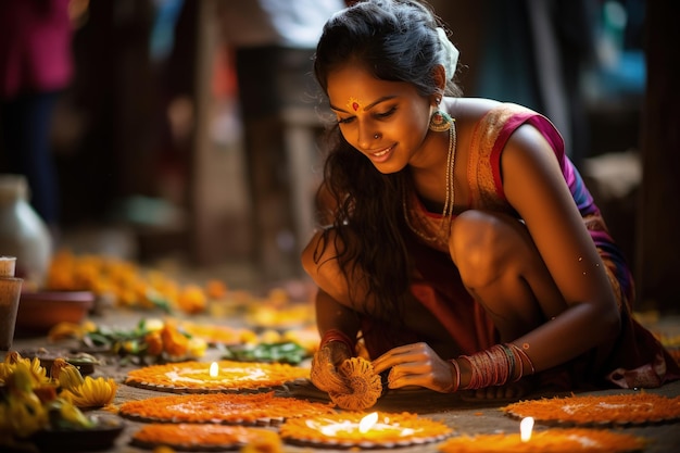 Mujer india haciendo la flor Rangoli para el festival hindú