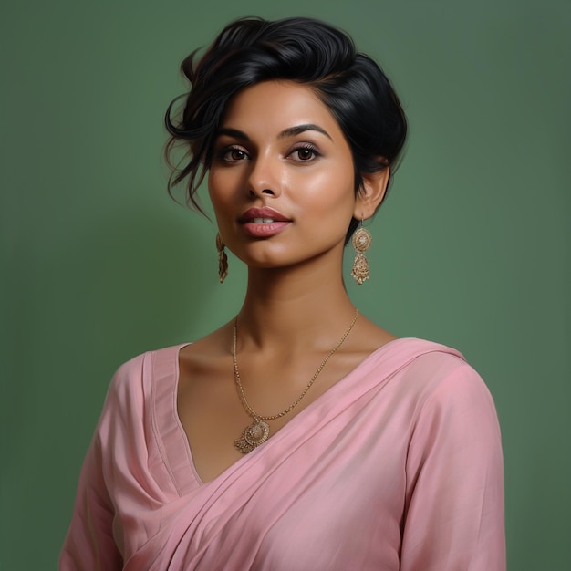 Una mujer india hiperrealista, hermosa y elegante con un lino rosa claro, un salwar y cabello corto.