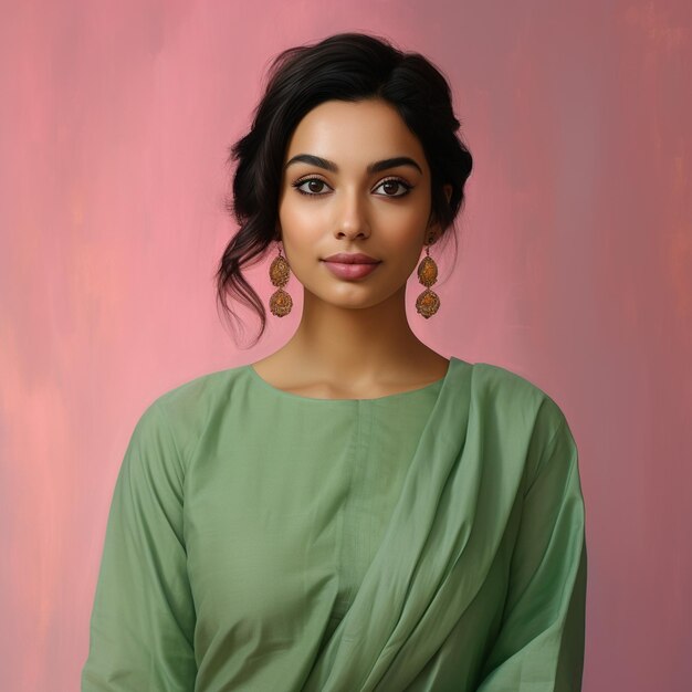 Una mujer india hiperrealista, hermosa y elegante con un lino rosa claro, un salwar y cabello corto.