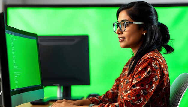Mujer india joven con gafas trabajando en una computadora que tiene una pantalla verde para el rotoscopio