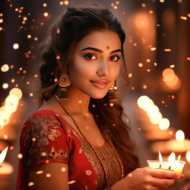 Mujer india joven y hermosa celebrando el festival de Diwali