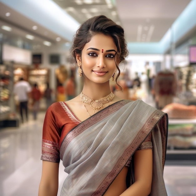Mujer india joven en saree tradicional y de pie en una tienda de supermercados