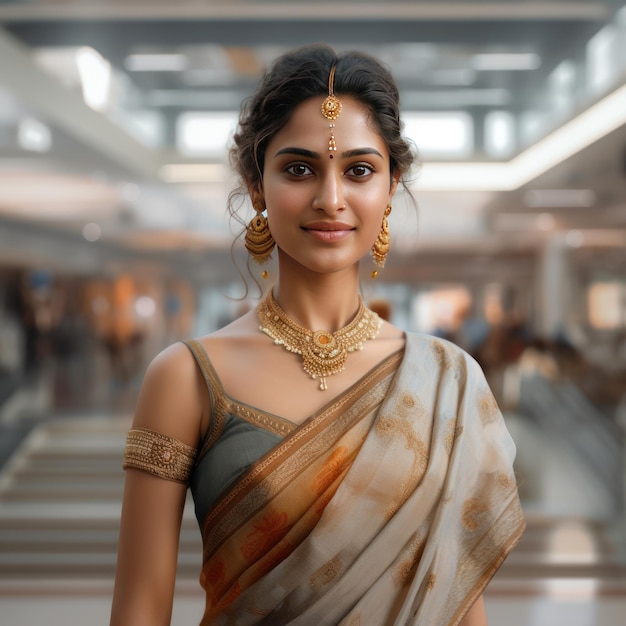 Mujer india joven en saree tradicional y de pie en una tienda de supermercados