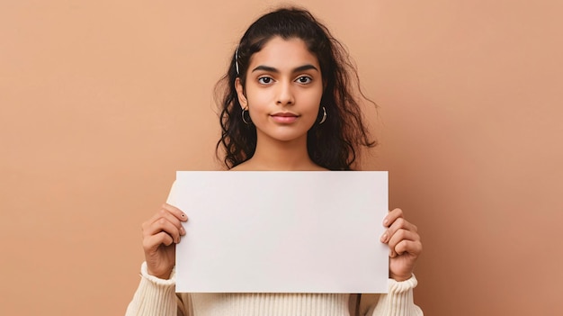 Mujer india joven sosteniendo un letrero en blanco para introducir texto aislado en fondo pastel.