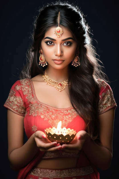 Mujer india con una lámpara de aceite en la mano celebrando un festival tradicional