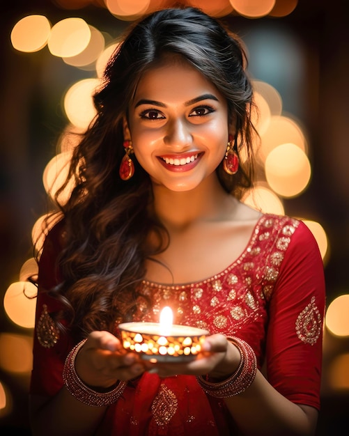 Mujer india con una lámpara de aceite en la mano celebrando un festival tradicional