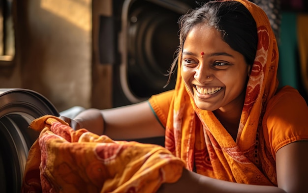 Mujer india con la lavadora