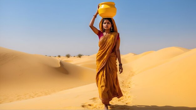 Mujer india llevando una jarra de agua en el desierto