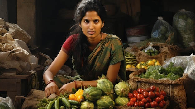 Mujer india en el mercado callejero indio