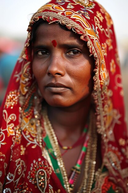 Mujer india no identificada con sari rojo en Pushkar Rajasthan India