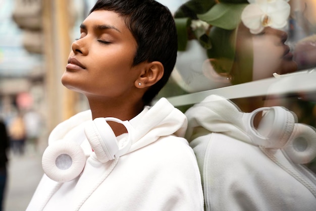 Mujer india pensativa con cabello de camisa elegante usando auriculares inalámbricos de pie en la calle