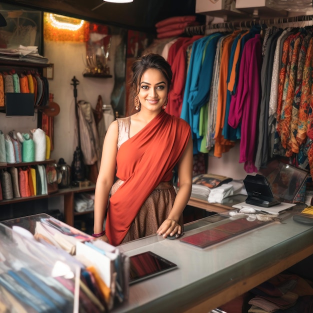 Mujer india de pie en su tienda de ropa