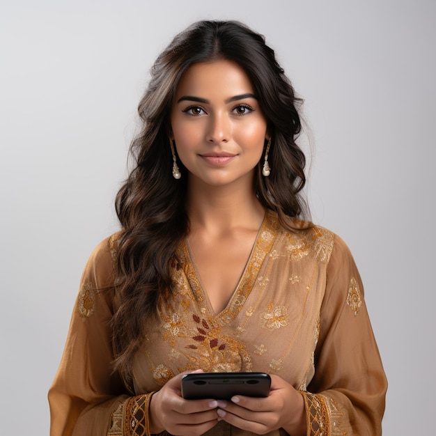 Una mujer india con ropa étnica casual usando su teléfono inteligente