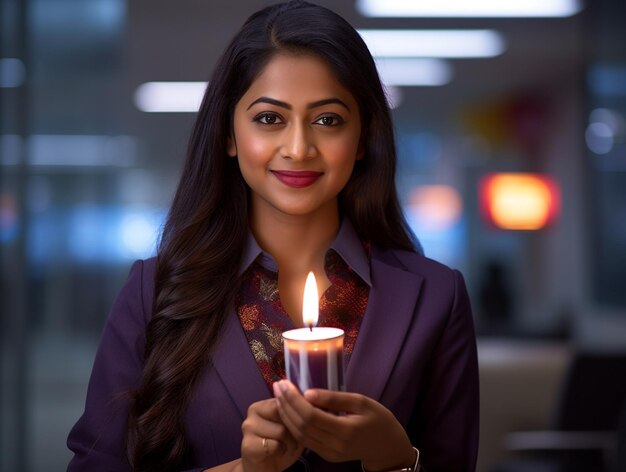 Una mujer india con ropa de oficina sostiene una vela para celebrar Diwali con sus colegas cerca del edificio de la oficina