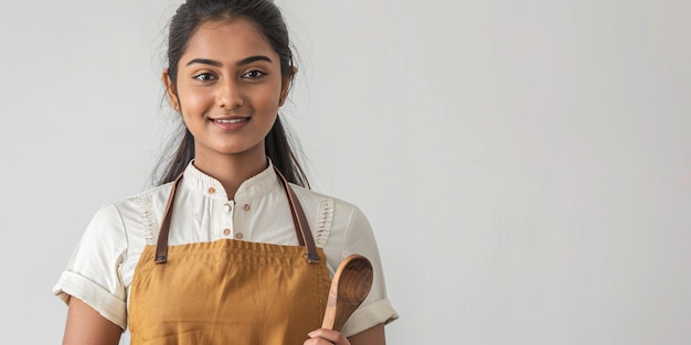 Una mujer india de rostro fresco sosteniendo una herramienta de cocina contra un telón de fondo en blanco