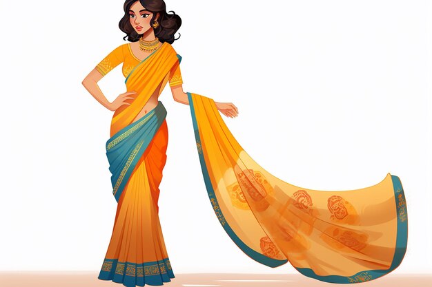 Mujer india en saree de patrón floral diseño plano vectorial en fondo blanco