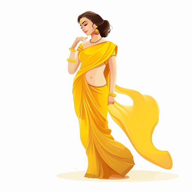 Foto mujer india en sari amarillo diseño plano ilustración vectorial en fondo aislado