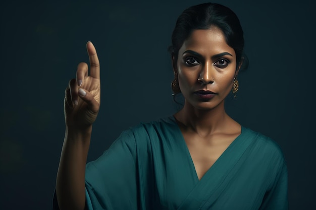 Mujer india en sari azul señalando algo sobre fondo negro IA generativa