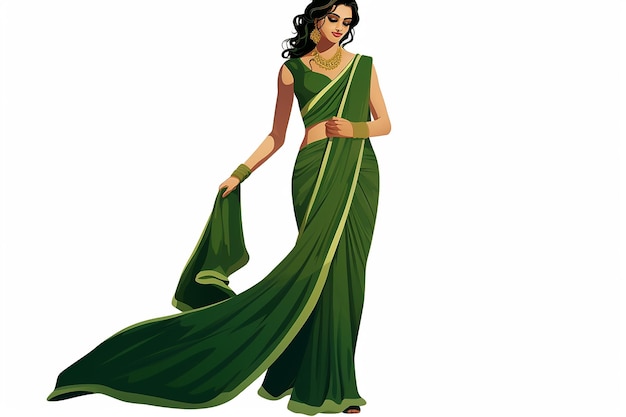 Foto mujer india en sari verde ilustración vectorial aislada en diseño plano de fondo blanco