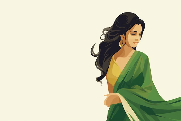 Mujer india en sari verde ilustración vectorial aislada en diseño plano de fondo blanco