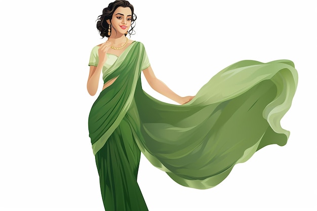 Mujer india en sari verde ilustración vectorial aislada en diseño plano de fondo blanco