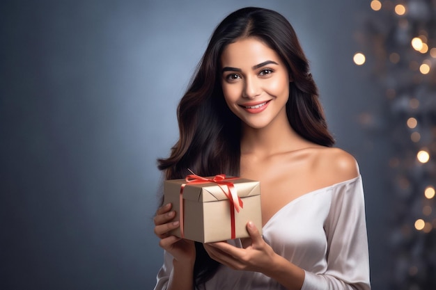 Mujer india sonriendo y sosteniendo una caja de regalo en la mano