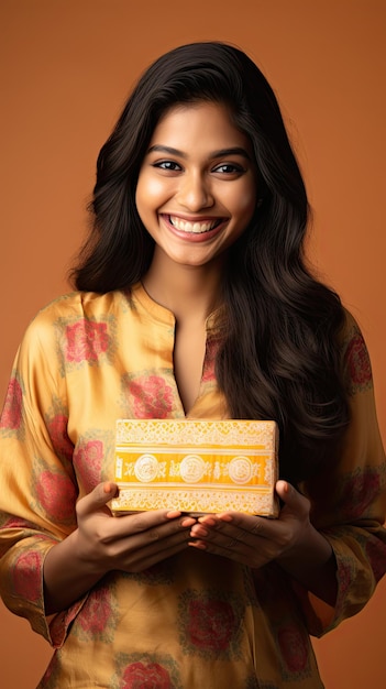 Mujer india sosteniendo caja de regalo de Diwali