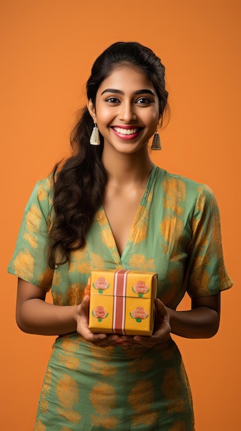 Mujer india sosteniendo caja de regalo de Diwali