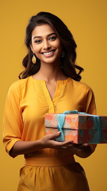 Mujer india sosteniendo caja de regalo de Diwali