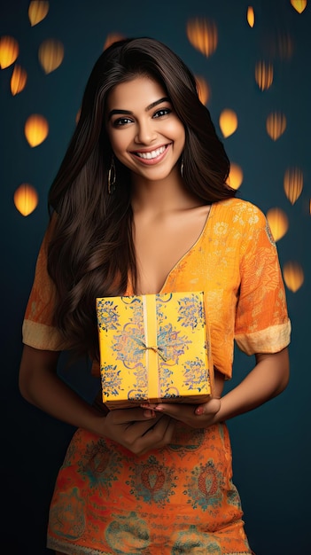 Mujer india sosteniendo caja de regalo de Diwali