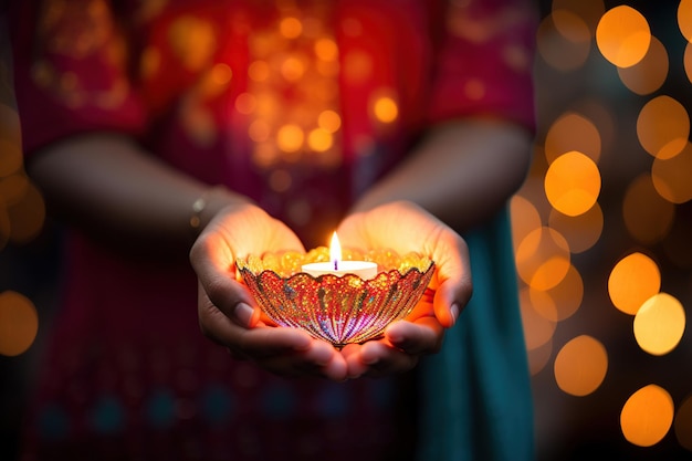 Mujer india sosteniendo una lámpara de aceite de diwali en la mano con fondo bokeh