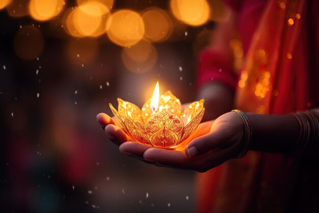 Mujer india sosteniendo una lámpara de aceite de diwali en la mano con fondo bokeh