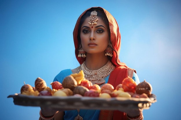 Mujer india con un thali de comida en la mano