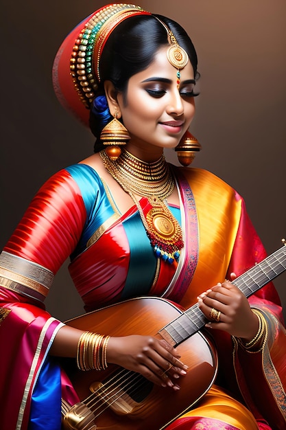 Una mujer india tocando una guitarra con traje tradicional indio